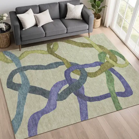 Artichoke Green Purple And Khaki Abstract Washable Indoor Outdoor Area Rug Photo 5