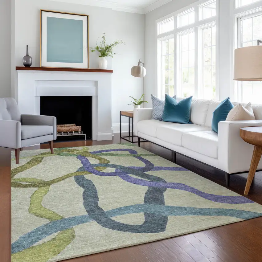 Artichoke Green Purple And Khaki Abstract Washable Indoor Outdoor Area Rug Photo 6