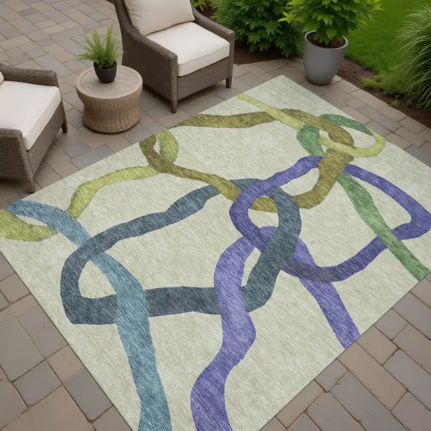 Artichoke Green Purple And Khaki Abstract Washable Indoor Outdoor Area Rug Photo 7
