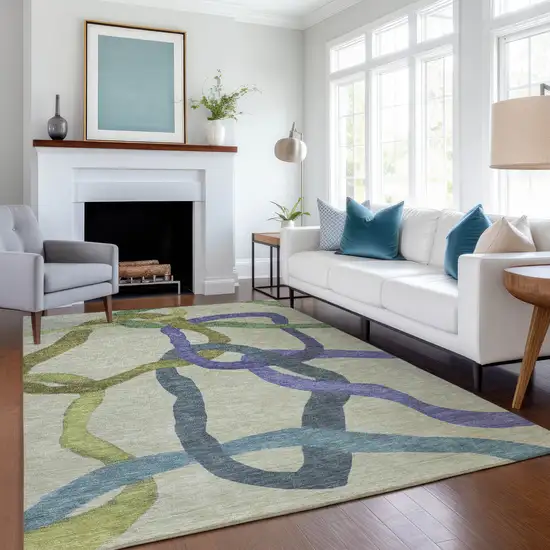 Artichoke Green Purple And Khaki Abstract Washable Indoor Outdoor Area Rug Photo 6