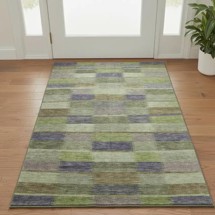 Artichoke Green Purple And Taupe Striped Washable Area Rug With UV Protection Photo 2