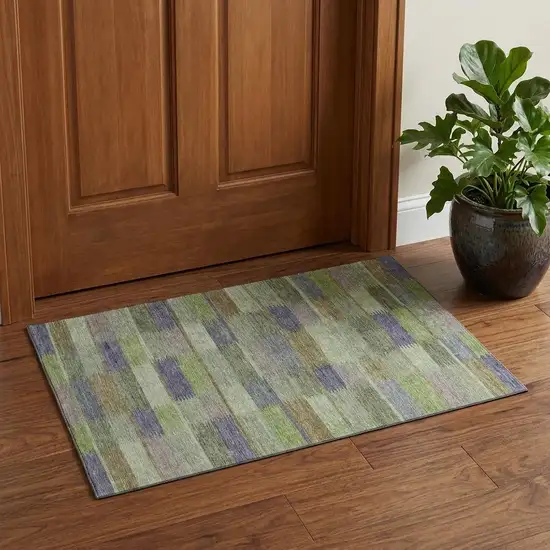 Artichoke Green Purple And Taupe Striped Washable Area Rug With UV Protection Photo 1