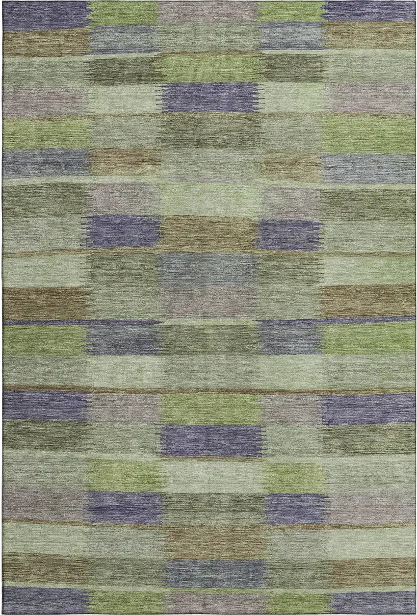 Artichoke Green Purple And Taupe Striped Washable Area Rug With UV Protection Photo 1