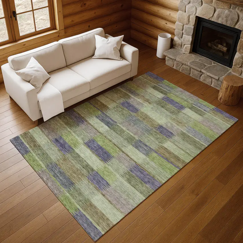 Artichoke Green Purple And Taupe Striped Washable Area Rug With UV Protection Photo 4