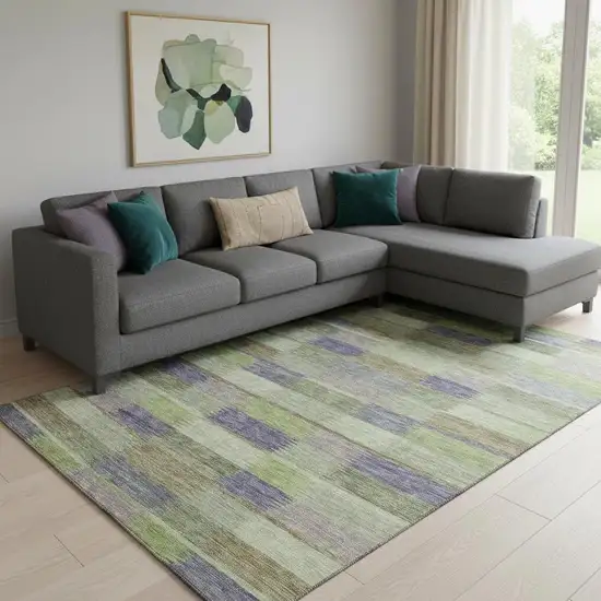 Artichoke Green Purple And Taupe Striped Washable Area Rug With UV Protection Photo 2