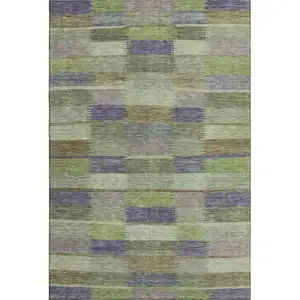 Photo of Artichoke Green Purple And Taupe Striped Washable Area Rug With UV Protection