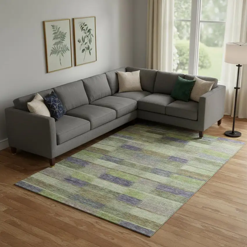 Artichoke Green Purple And Taupe Striped Washable Area Rug With UV Protection Photo 2