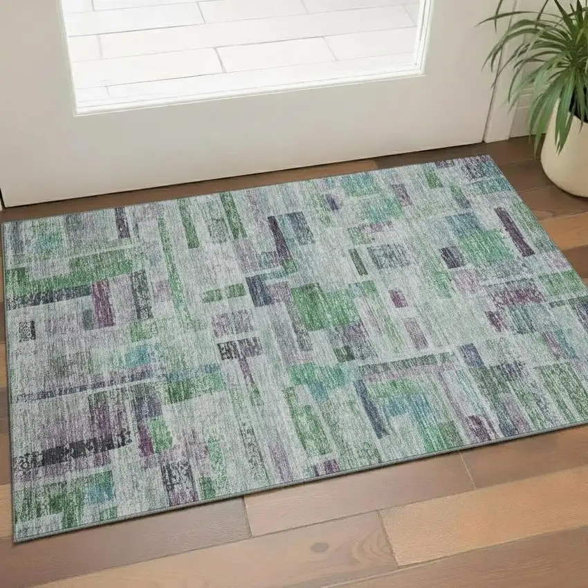 Artichoke Green Purple And Teal Striped Washable Area Rug With UV Protection Photo 2