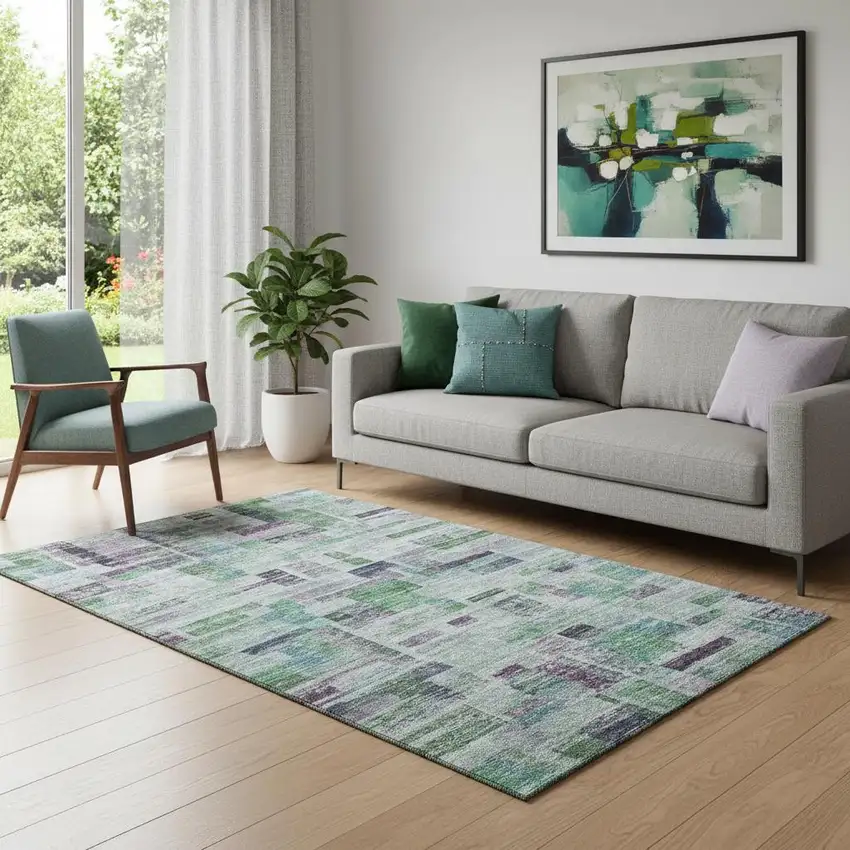 Artichoke Green Purple And Teal Striped Washable Area Rug With UV Protection Photo 2