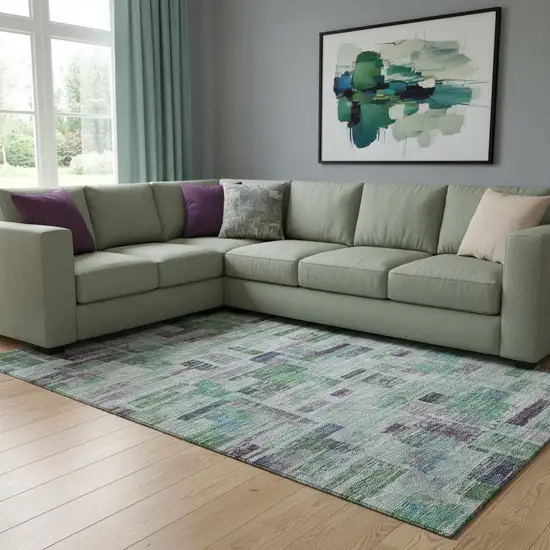 Artichoke Green Purple And Teal Striped Washable Area Rug With UV Protection Photo 2