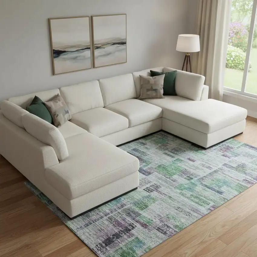 Artichoke Green Purple And Teal Striped Washable Area Rug With UV Protection Photo 2