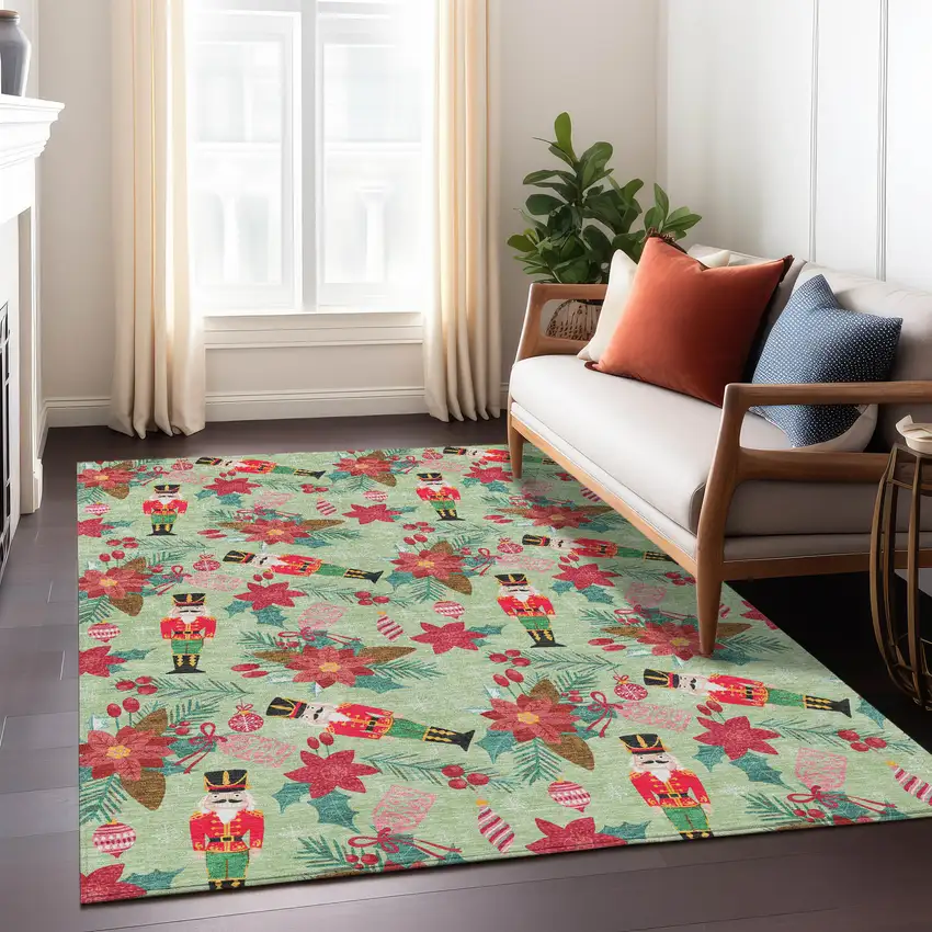 Artichoke Green Red Black Pink And Brown Floral Washable Indoor Outdoor Area Rug Photo 7