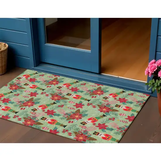 Artichoke Green Red Black Pink And Brown Floral Washable Indoor Outdoor Area Rug Photo 1