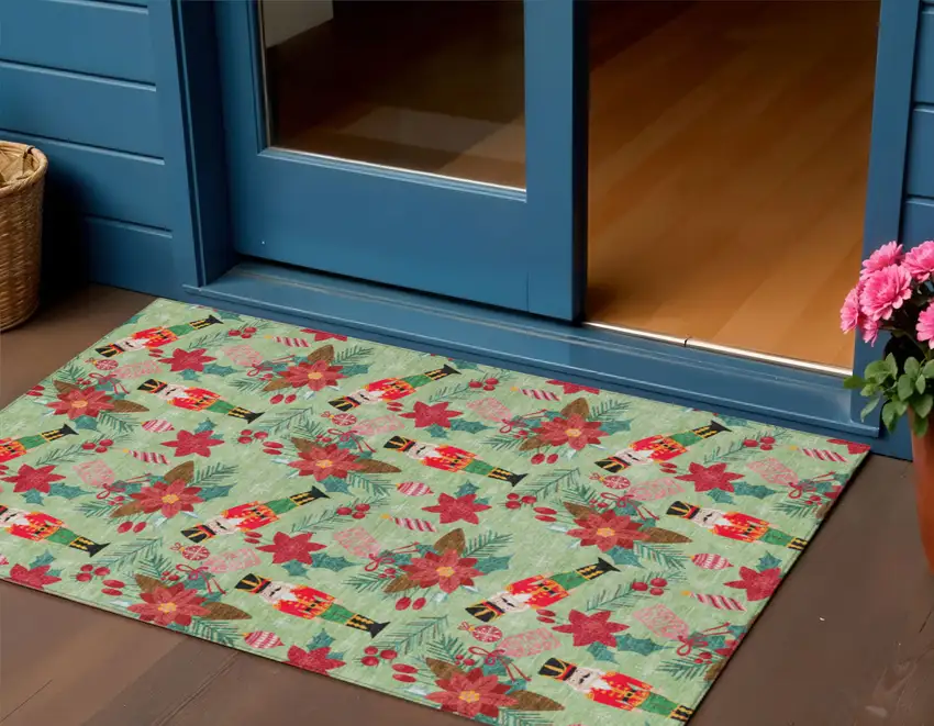 Artichoke Green Red Black Pink And Brown Floral Washable Indoor Outdoor Area Rug Photo 1
