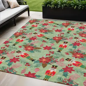 Photo of Artichoke Green Red Black Pink And Brown Floral Washable Indoor Outdoor Area Rug