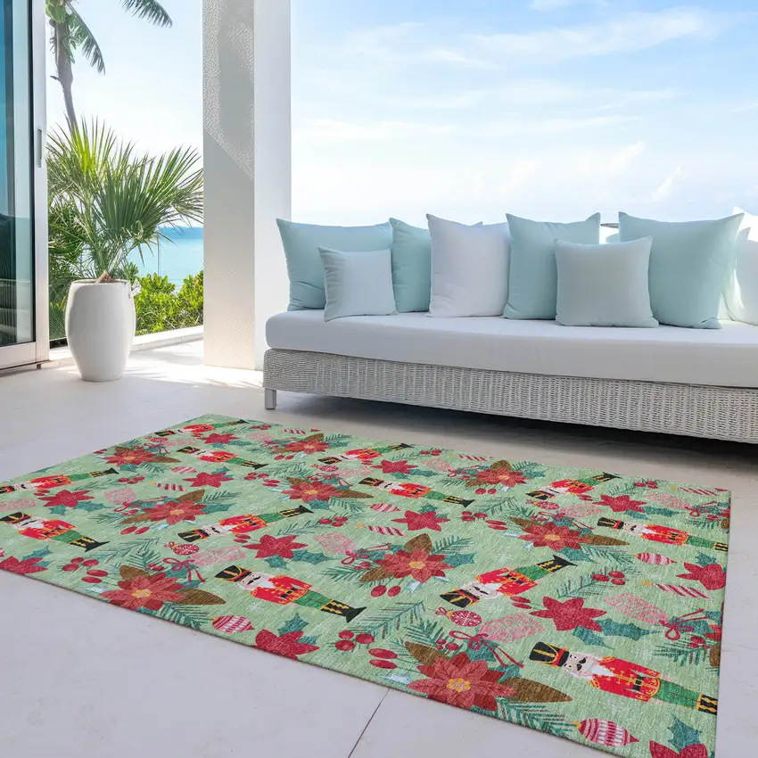 Artichoke Green Red Black Pink And Brown Floral Washable Indoor Outdoor Area Rug Photo 4