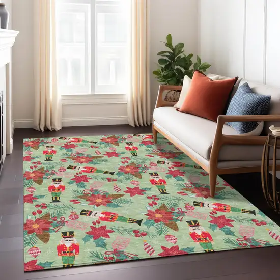 Artichoke Green Red Black Pink And Brown Floral Washable Indoor Outdoor Area Rug Photo 5