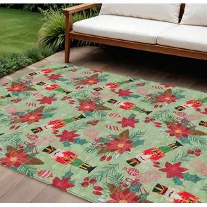 Photo of Artichoke Green Red Black Pink And Brown Floral Washable Indoor Outdoor Area Rug