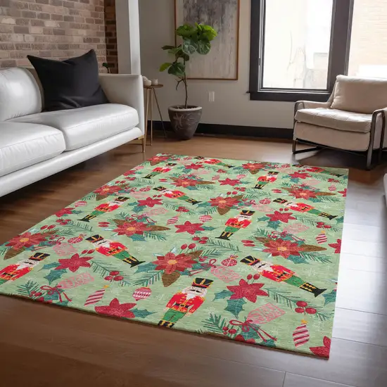 Artichoke Green Red Black Pink And Brown Floral Washable Indoor Outdoor Area Rug Photo 5
