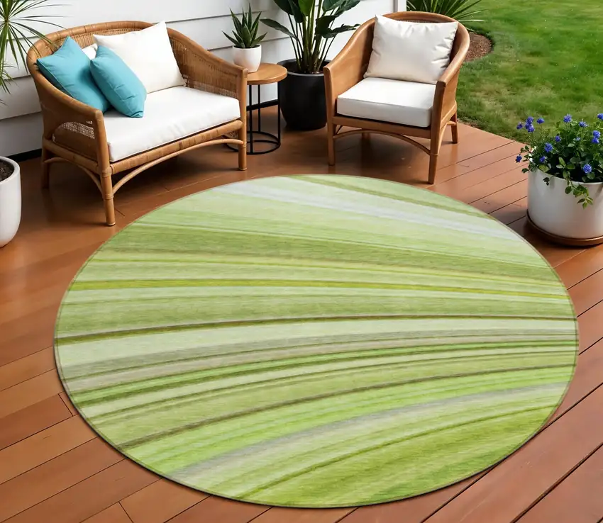 8' Artichoke Green And Olive Green Round Abstract Washable Indoor Outdoor Area Rug Photo 1