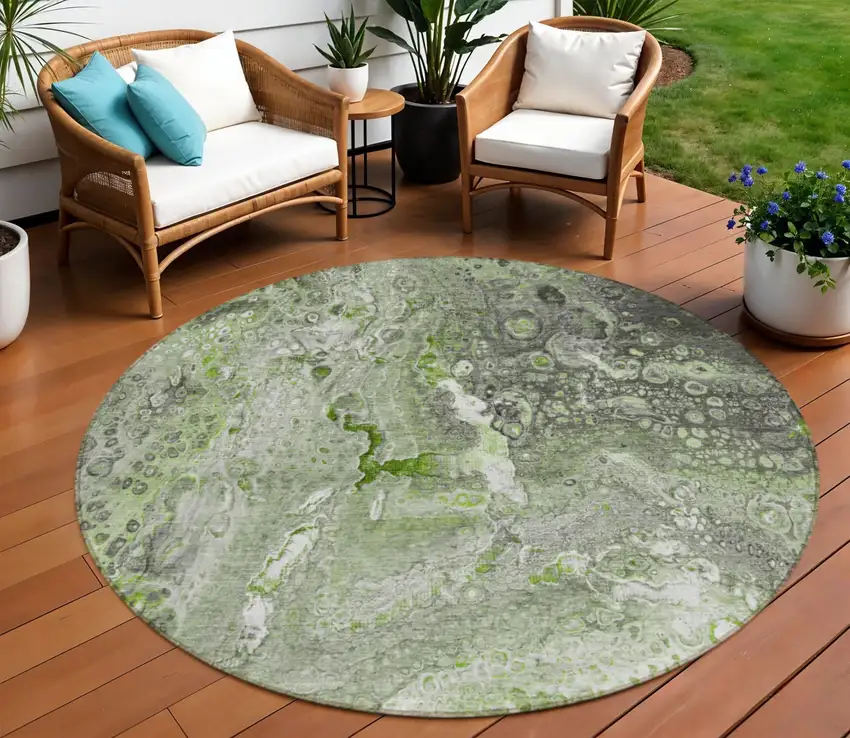 Artichoke Green Round Abstract Washable Non Skid Indoor Outdoor Area Rug Photo 1