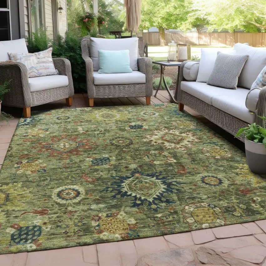 Artichoke Green Rust And Gold Floral Medallion Washable Indoor Outdoor Area Rug Photo 5