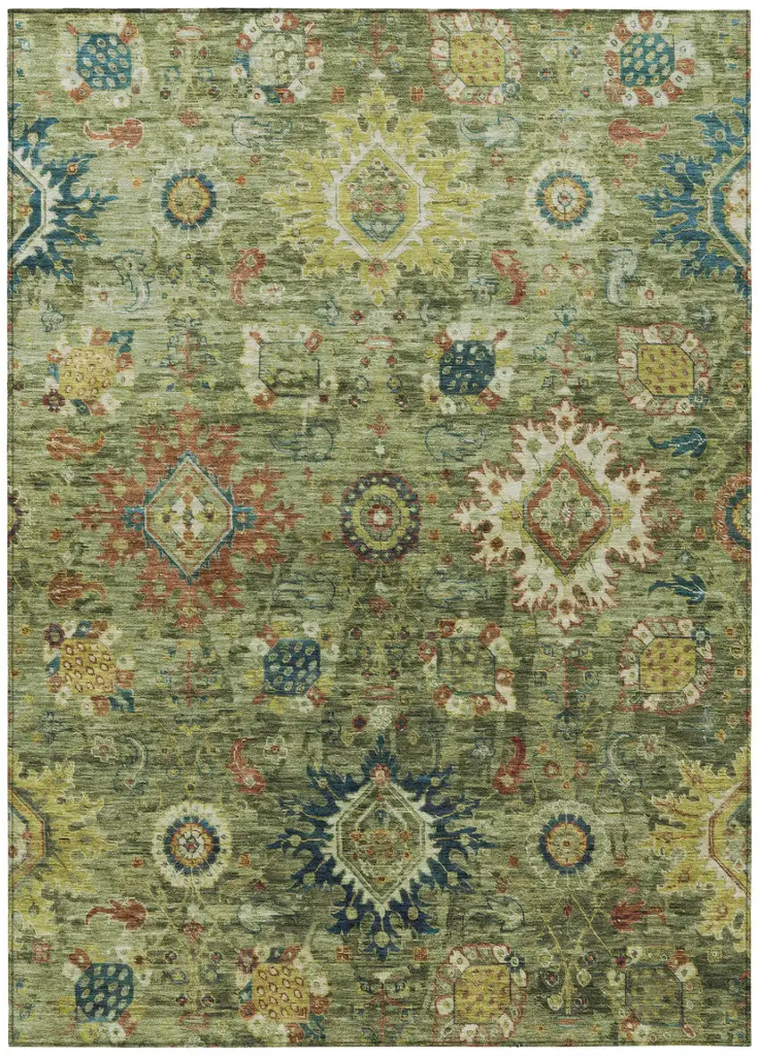 Artichoke Green Rust And Gold Floral Medallion Washable Indoor Outdoor Area Rug Photo 2