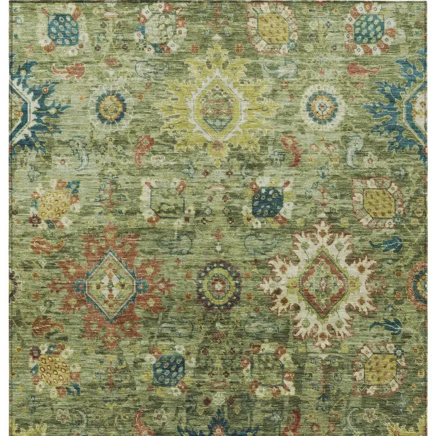 Artichoke Green Rust And Gold Floral Medallion Washable Indoor Outdoor Area Rug Photo 5