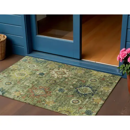 Artichoke Green Rust And Gold Floral Medallion Washable Indoor Outdoor Area Rug Photo 2