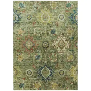 Photo of Artichoke Green Rust And Gold Floral Medallion Washable Indoor Outdoor Area Rug