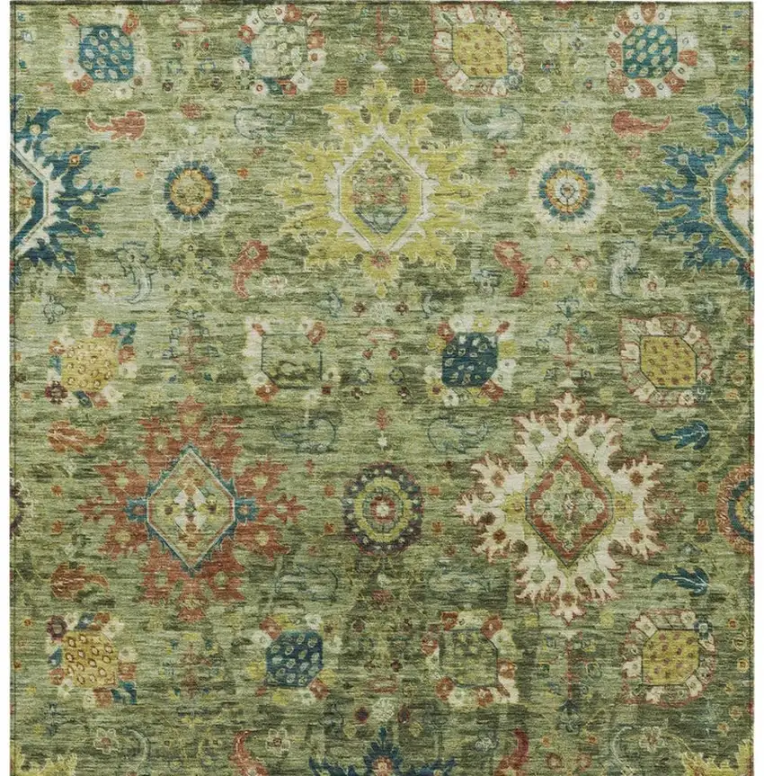 Artichoke Green Rust And Gold Floral Medallion Washable Indoor Outdoor Area Rug Photo 4