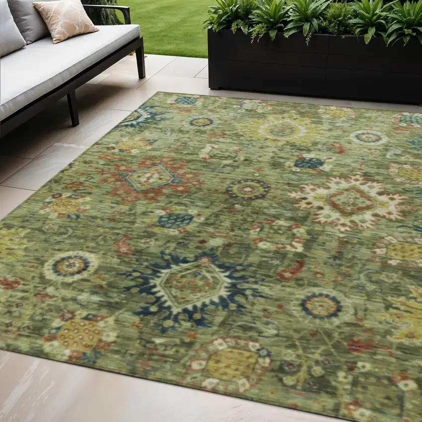 Artichoke Green Rust And Gold Floral Medallion Washable Indoor Outdoor Area Rug Photo 2