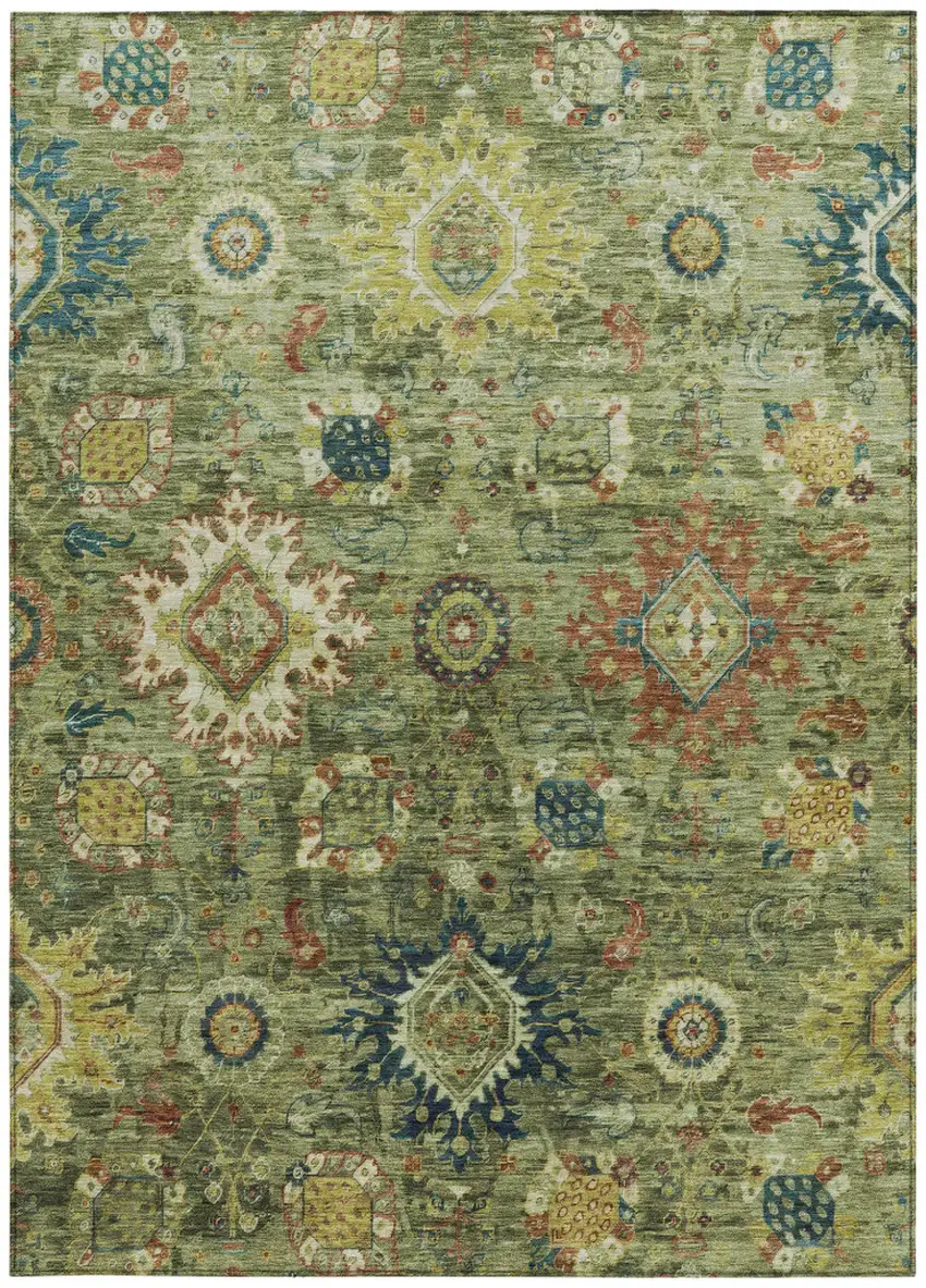 Artichoke Green Rust And Gold Floral Medallion Washable Indoor Outdoor Area Rug Photo 3