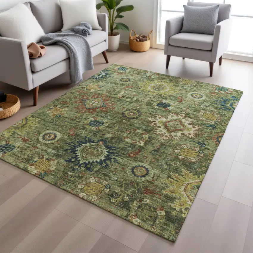 Artichoke Green Rust And Gold Floral Medallion Washable Indoor Outdoor Area Rug Photo 6