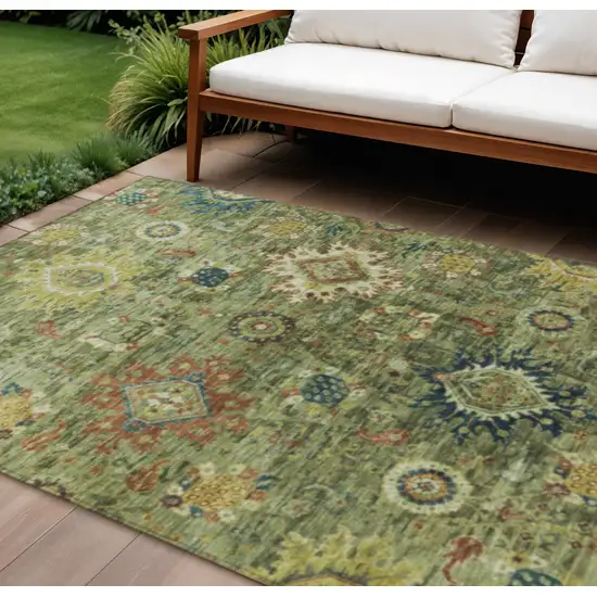 Artichoke Green Rust And Gold Floral Medallion Washable Indoor Outdoor Area Rug Photo 2