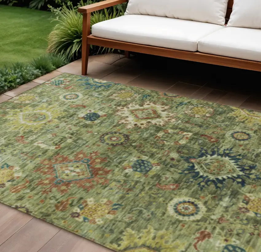 Artichoke Green Rust And Gold Floral Medallion Washable Indoor Outdoor Area Rug Photo 2
