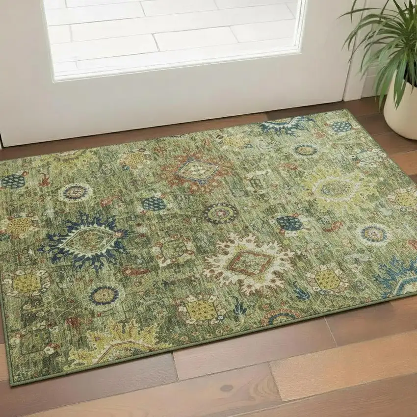 Artichoke Green Rust And Gold Oriental Washable Area Rug With UV Protection Photo 2