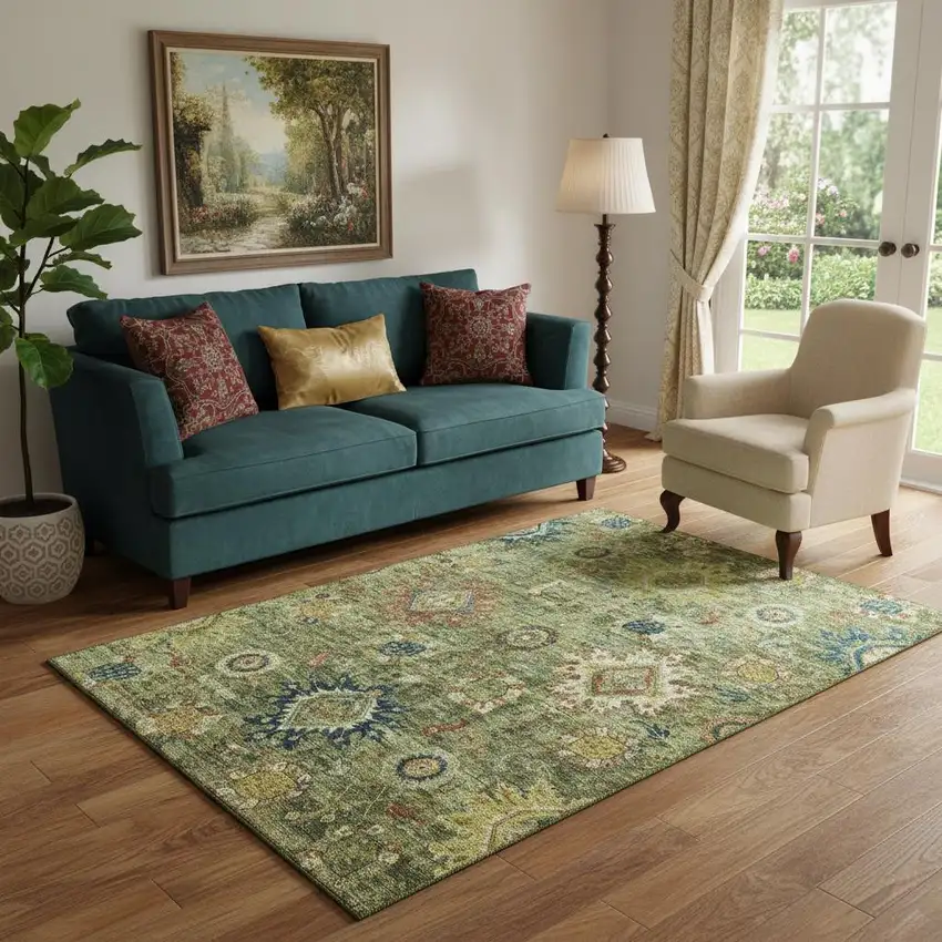 Artichoke Green Rust And Gold Oriental Washable Area Rug With UV Protection Photo 2