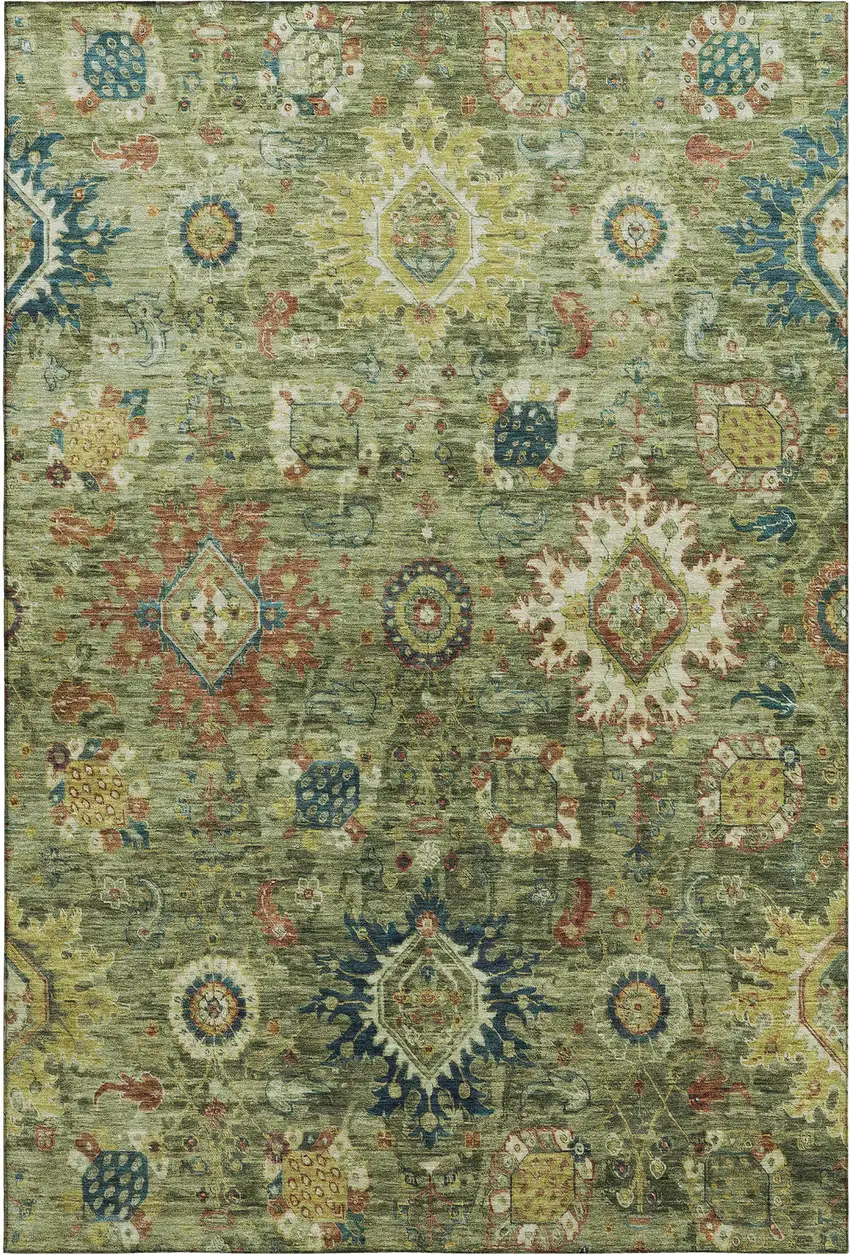 Artichoke Green Rust And Gold Oriental Washable Area Rug With UV Protection Photo 1