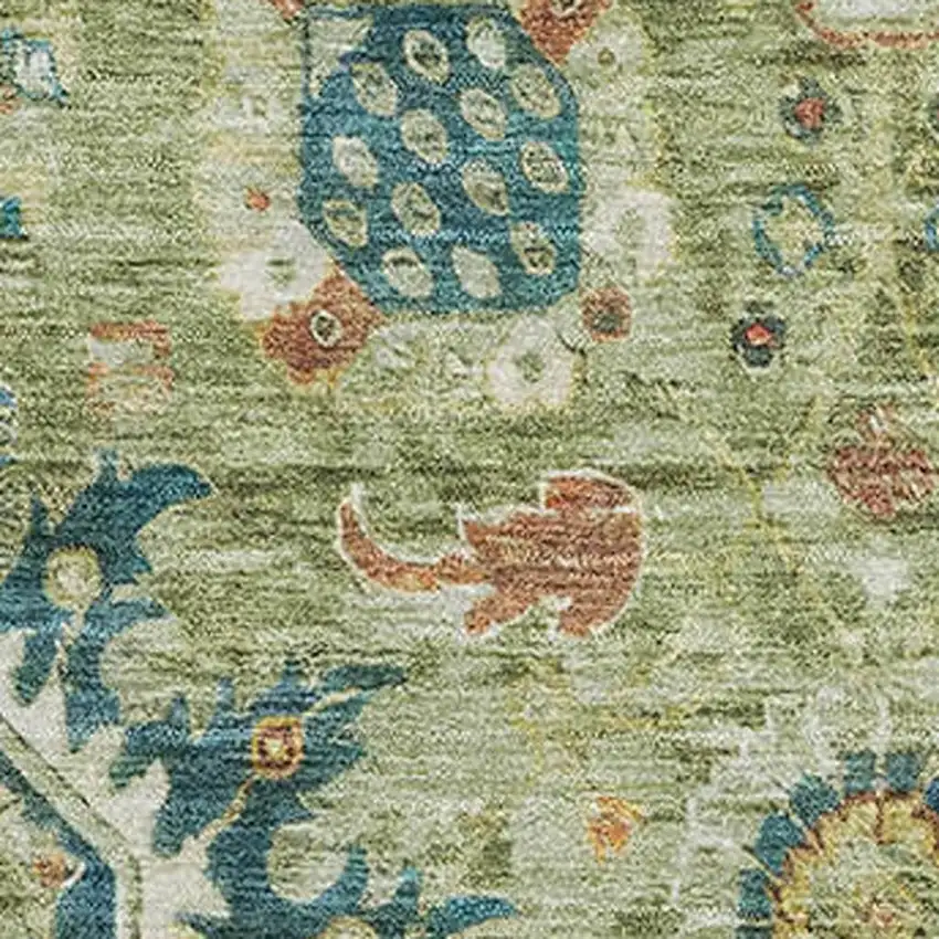 Artichoke Green Rust And Gold Oriental Washable Area Rug With UV Protection Photo 3