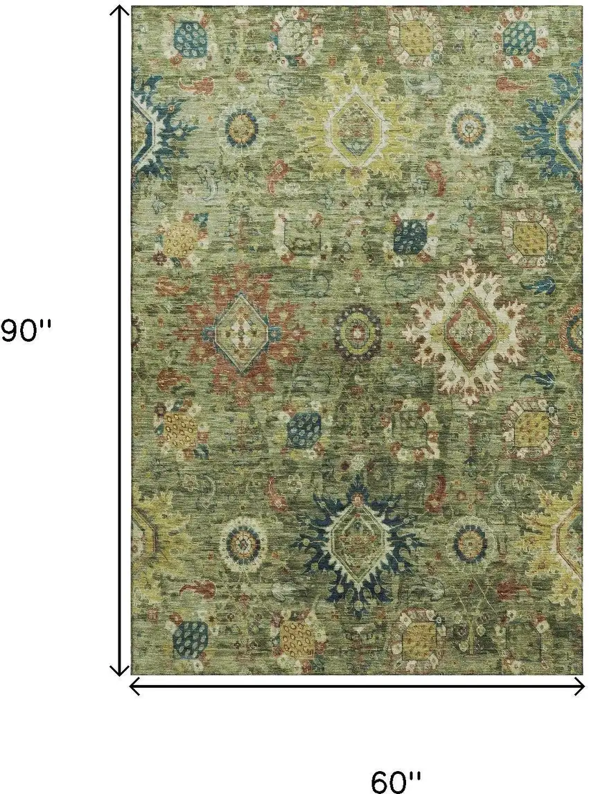 Artichoke Green Rust And Gold Oriental Washable Area Rug With UV Protection Photo 9
