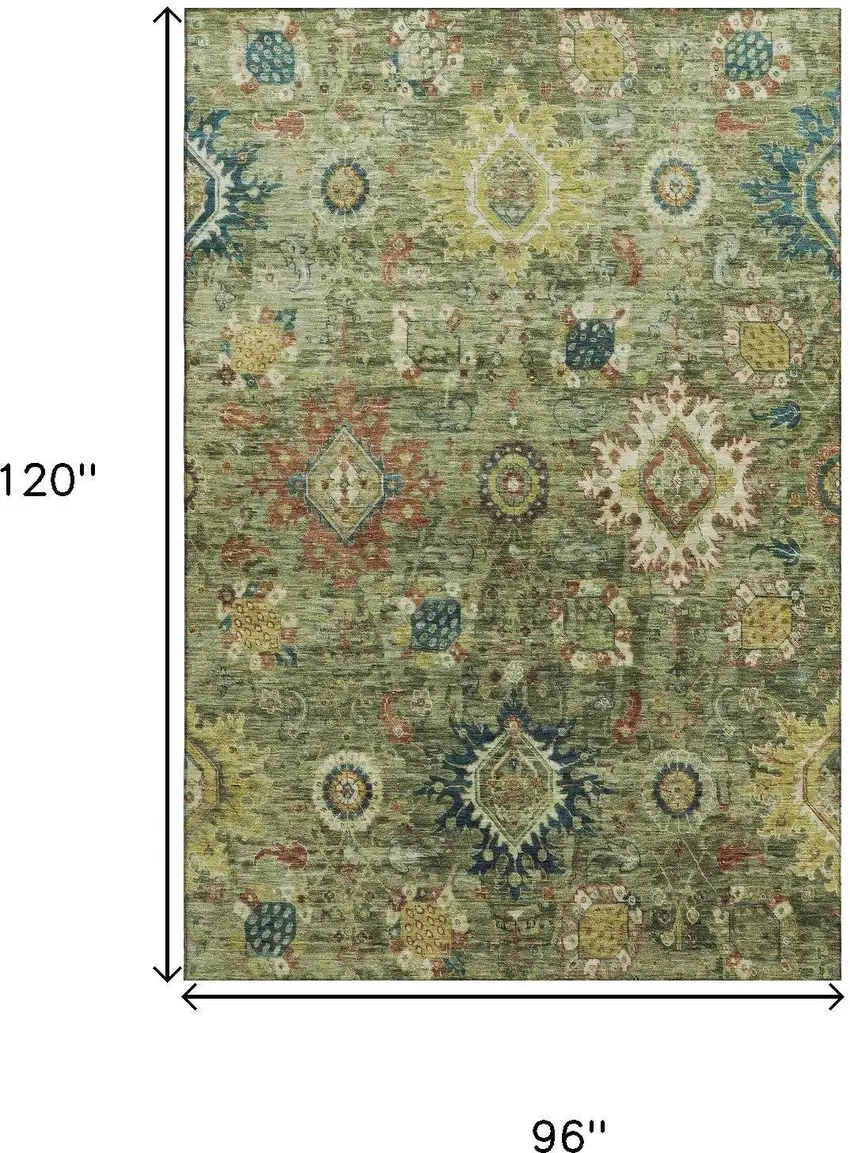 Artichoke Green Rust And Gold Oriental Washable Area Rug With UV Protection Photo 9