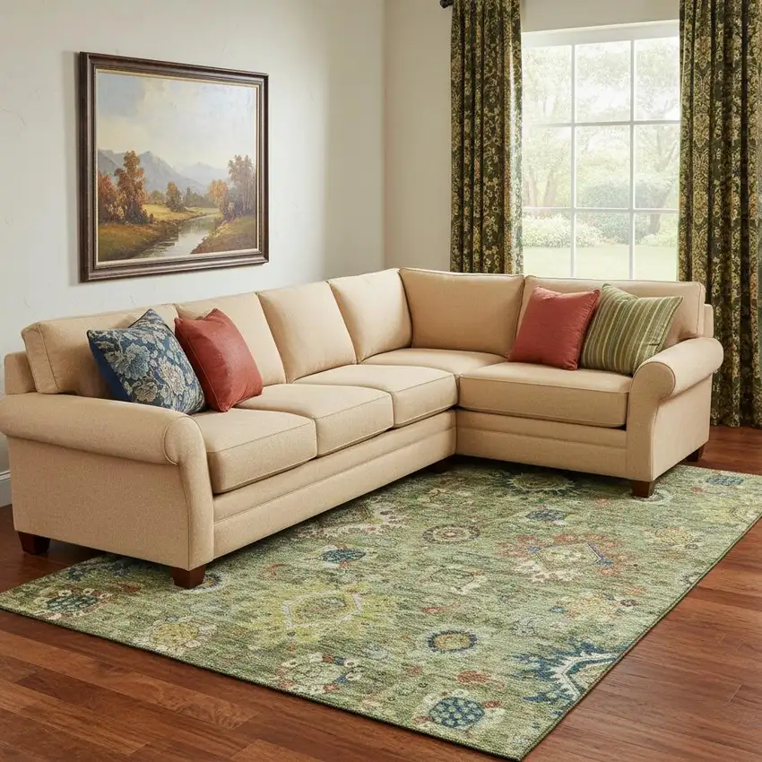 Artichoke Green Rust And Gold Oriental Washable Area Rug With UV Protection Photo 2