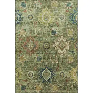 Photo of Artichoke Green Rust And Gold Oriental Washable Area Rug With UV Protection