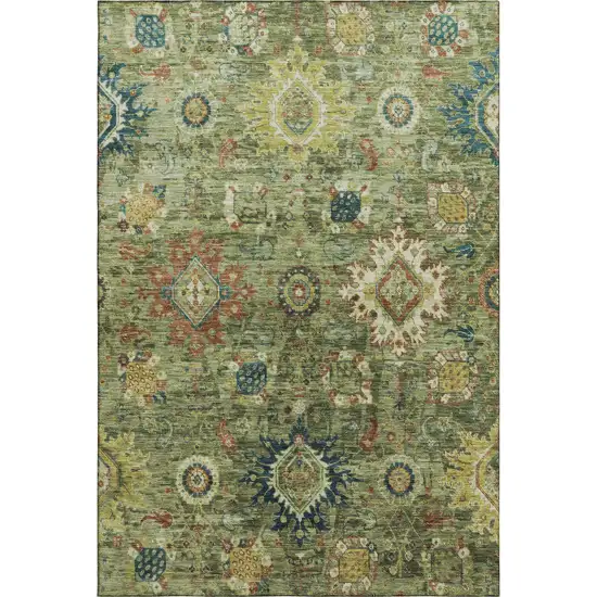 Artichoke Green Rust And Gold Oriental Washable Area Rug With UV Protection Photo 1