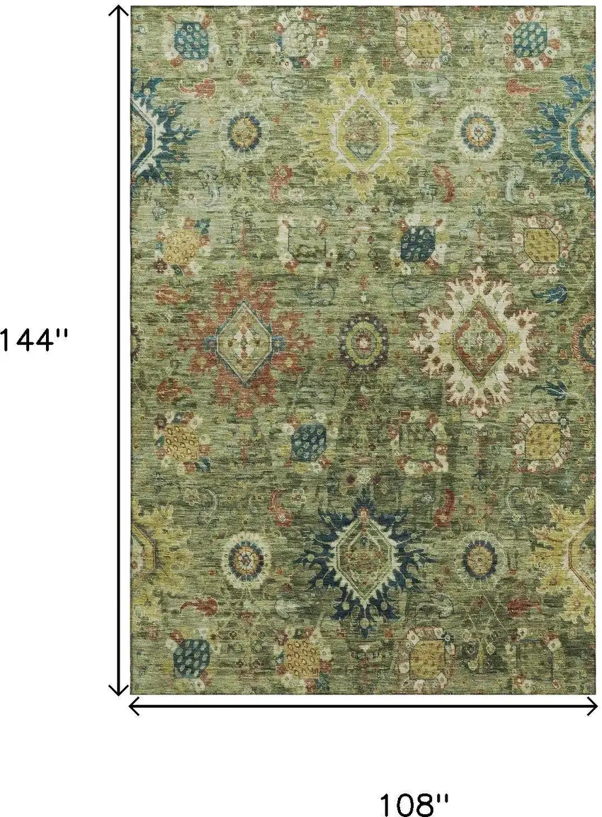 Artichoke Green Rust And Gold Oriental Washable Area Rug With UV Protection Photo 8