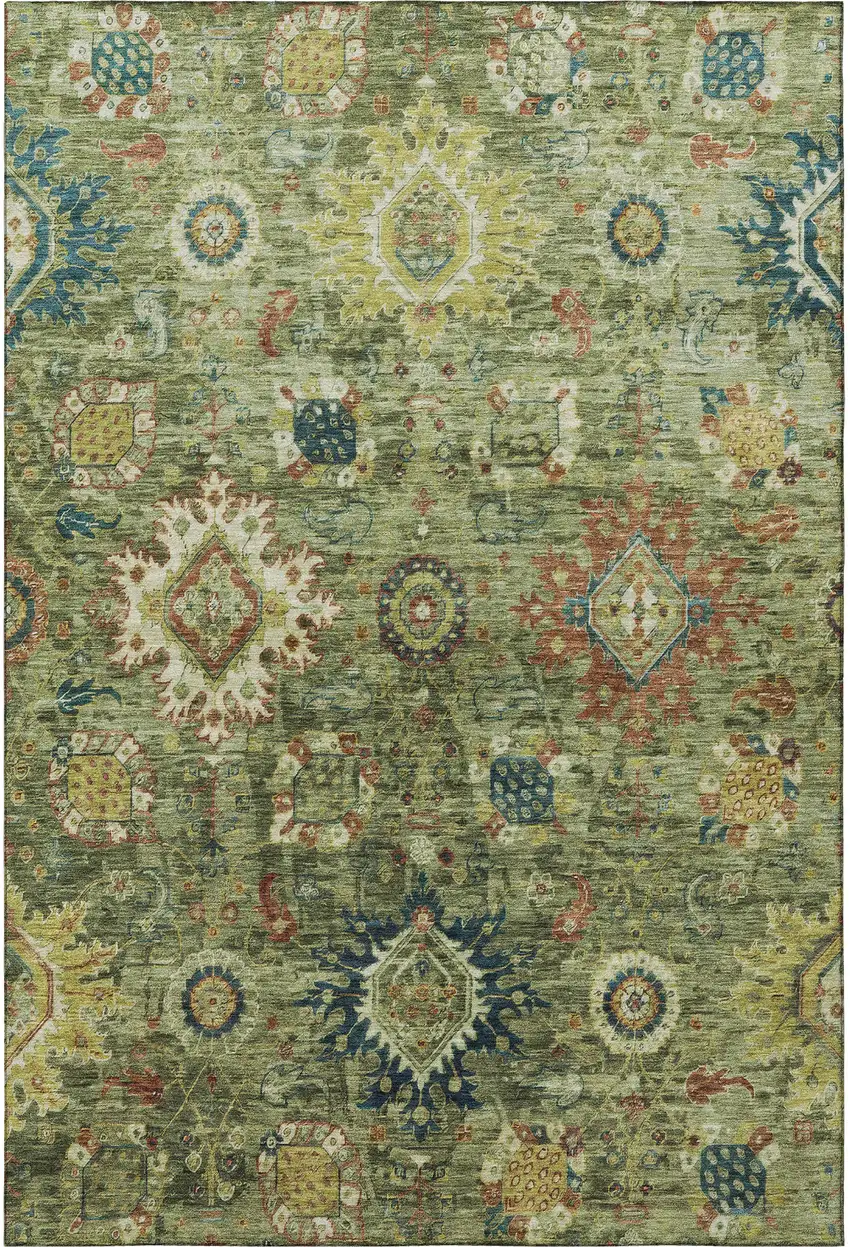 Artichoke Green Rust And Gold Oriental Washable Area Rug With UV Protection Photo 3