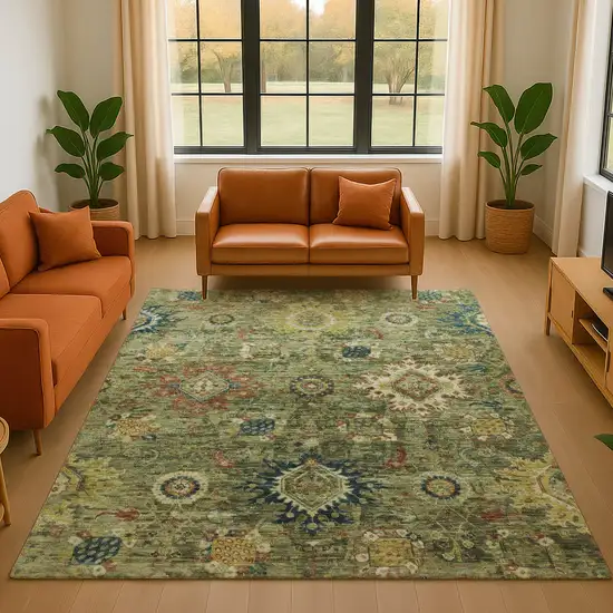 Artichoke Green Rust And Gold Oriental Washable Area Rug With UV Protection Photo 4