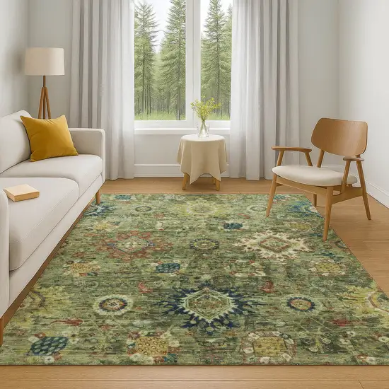Artichoke Green Rust And Gold Oriental Washable Area Rug With UV Protection Photo 6
