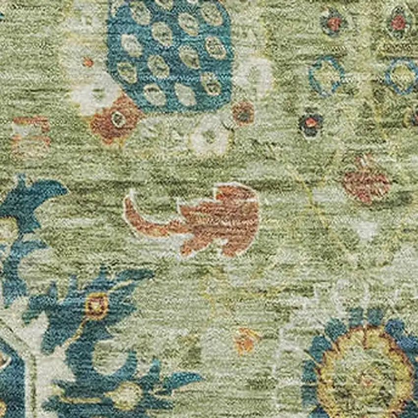 Artichoke Green Rust And Gold Oriental Washable Area Rug With UV Protection Photo 3